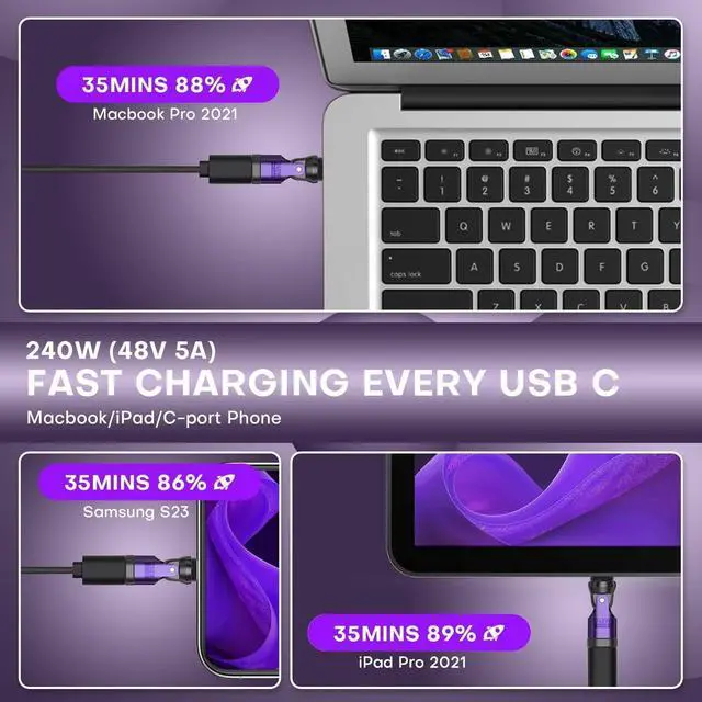 Alt view image 4 of 5 - EndlesShine USB C Magnetic Adapter 240W [4 Pack], Can Be Type C Cord Into Right Angle Magnetic USB C Charging Cable, 90/180/360 Degree Rotating Connector Tips for Phone Samsung lPhone 16/15 Pad Tablet