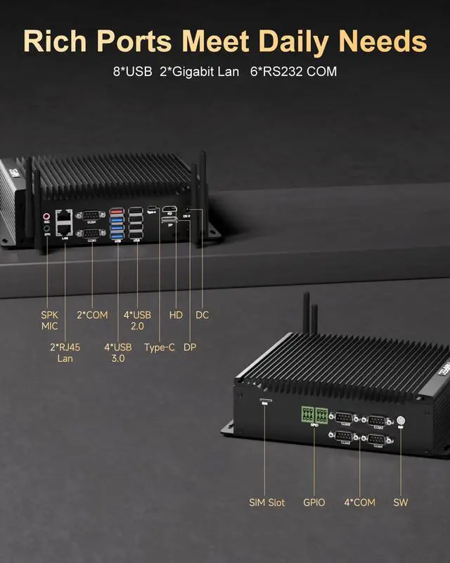 Alt view image 3 of 5 - FANPEEC Industrial PC Fanless Mini PC Win 11 Pro Core i5-10210U 32 GB RAM 1 TB SSD, Fanless Mini PC Dual Ethernet, WiFi BT4.2, Industrial Personal Computer 4K Three Screen Display, 6*RS232 COM