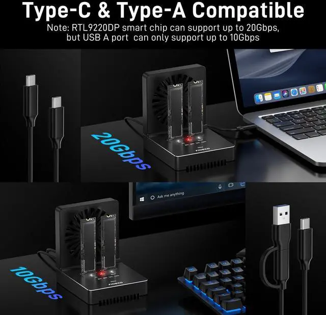 Alt view image 2 of 5 - FIDECO M.2 NVMe SATA SSD Cloner Dock, USB 3.2 Gen 2 X 2, 20Gbps NVMe Cloner Duplicator with Foldable Cooling Fan, Support Offline Clone, UASP and Trim, Aluminum Design