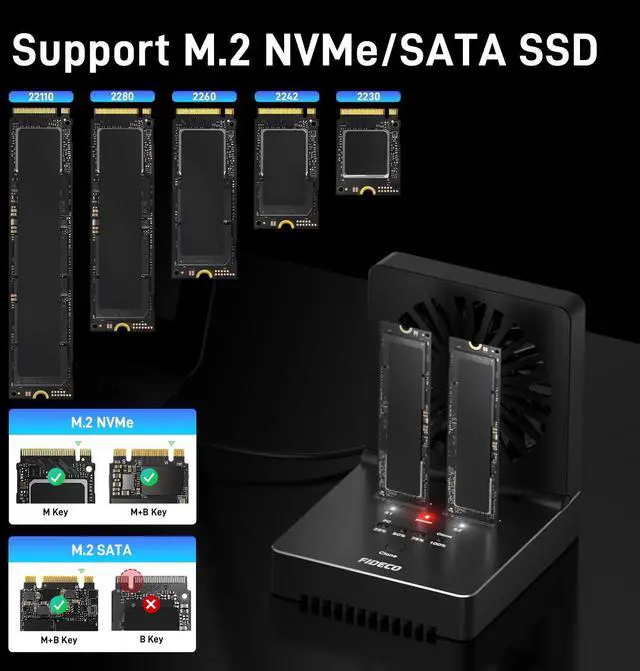 Alt view image 5 of 5 - FIDECO M.2 NVMe SATA SSD Cloner Dock, USB 3.2 Gen 2 X 2, 20Gbps NVMe Cloner Duplicator with Foldable Cooling Fan, Support Offline Clone, UASP and Trim, Aluminum Design
