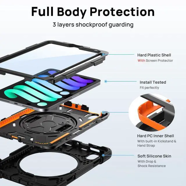 Alt view image 4 of 5 - Gerutek Case for iPad mini 7 (A17 Pro) 2024/ Mini 6 2021 8.3", Heavy Duty Shockproof Case with Screen Protector, [360deg Rotating Stand] [Hand/Shoulder Strap], Pencil Holder for iPad mini 7/6th, Black