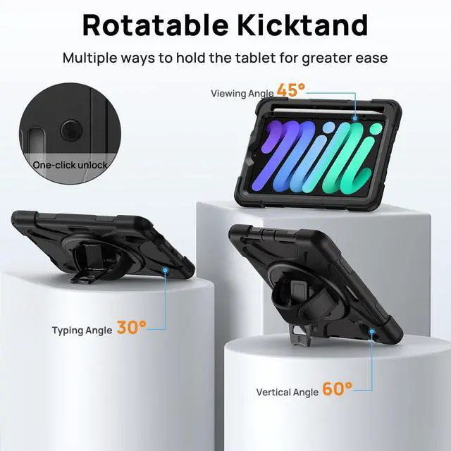 Alt view image 5 of 5 - Gerutek Case for iPad mini 7 (A17 Pro) 2024/ Mini 6 2021 8.3", Heavy Duty Shockproof Case with Screen Protector, [360deg Rotating Stand] [Hand/Shoulder Strap], Pencil Holder for iPad mini 7/6th, Black