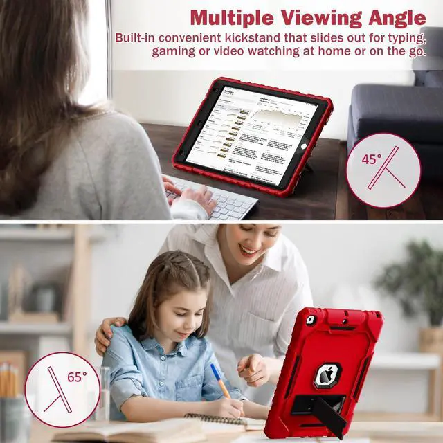Alt view image 2 of 5 - Grifobes Case for iPad 9th / 8th / 7th Generation 10.2 Inch (2021/2020/2019), Kick Stand Heavy Duty Shockproof Rugged Protective 10.2" Cover for iPad 9 8 7 Gen for Kids Girls Women (Red+Black)