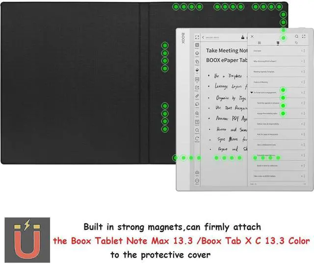 Alt view image 3 of 5 - GOVTVA Magnetic Case for Onyx Boox Tablet Note Max 13.3 / Boox Tab X C 13.3 Color Ultra-Thin Lightweight Leather Cover with Magnetic Pen Buckle, Auto Sleep/Wake & Magnetic Closure (Green)