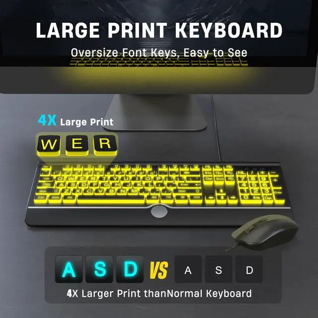 Alt view image 4 of 5 - Wired Keyboard and Mouse Combo - Large Print Light Up Keyboard, USB Silent Wired Backlit Keyboard and Optical Mouse for Windows, PC, Laptop - Easy to See, USB Play and Plug