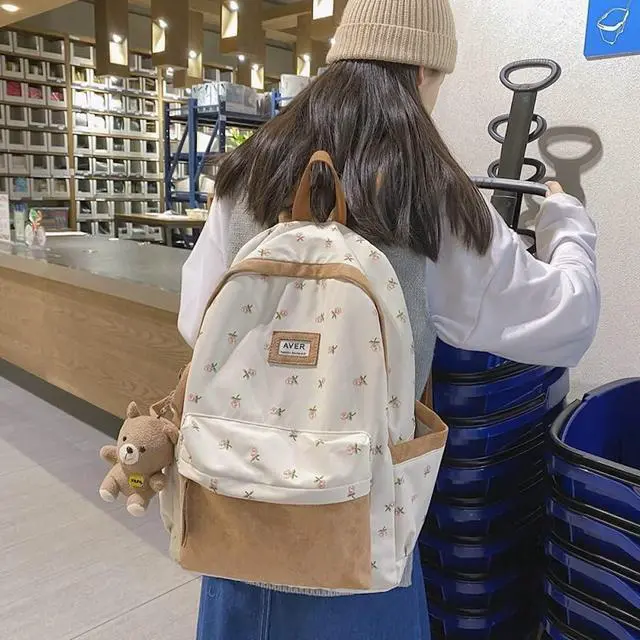 Alt view image 2 of 5 - 2025 Cute Preppy Bag Floral Printed Kawaii Backpack Cottagecore Aesthetic Backpack Laptop Daypack (Brown)