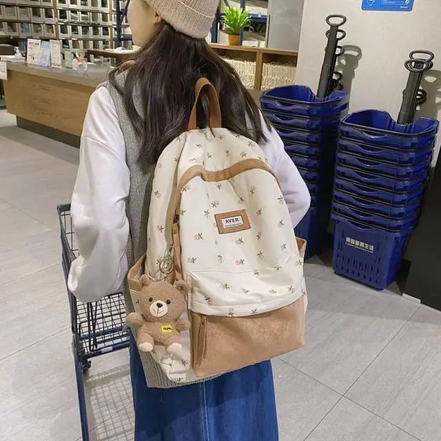 Alt view image 4 of 5 - 2025 Cute Preppy Bag Floral Printed Kawaii Backpack Cottagecore Aesthetic Backpack Laptop Daypack (Brown)