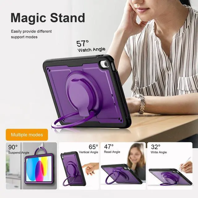 Alt view image 2 of 5 - KAIJIAbox Case Compatible with iPad (A16) 11th 2025,10th Generation 10.9 Inch 2022,Full Body Drop Case,360deg Roating Handle Stand,Shoulder Strap&Pencil Holder(Purple)