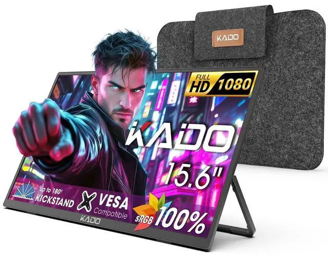 Main image of Kado 15.6" 1080p Portable Monitor for Laptop, 100% sRGB 1920x1080 HDMI USB-C Second Display IPS Laptop Screen Extender, Carrying Sleeve 180deg Kickstand for PC, Mac, Dex, Tablet, Xbox, PS4/PS5, Switch