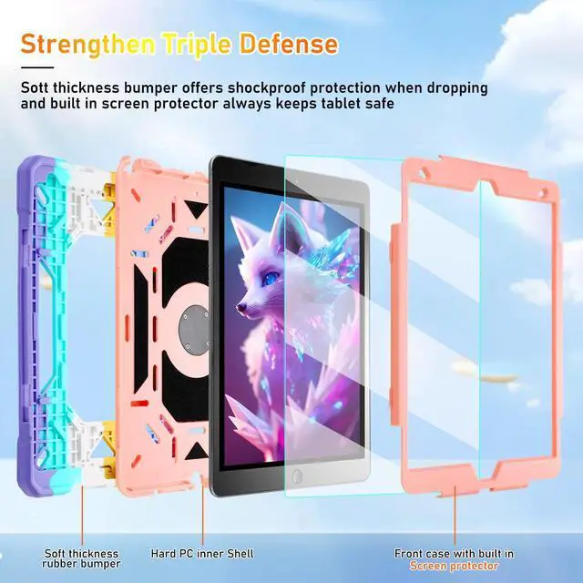 Alt view image 2 of 5 - for iPad 9th/8th/7th Generation Case, iPad 10.2 Case 2021/2020/2019, Rugged Heavy Duty Shockproof Protective Kids Case with Screen Protector/360deg Rotating Folding Stand/Pencil Holder/Shoulder Strap