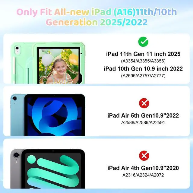 Alt view image 2 of 5 - Case for iPad (A16) 2025 11th Gen 10.9'', iPad 10th Generation 2022 10.9'', with Tempered Glass Screen Protector, Rugged Kid Case with Shoulder Strap/Pencil Holder/Folding Stand (Mint Green)
