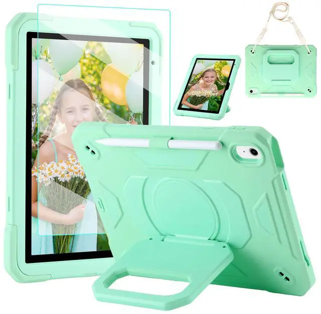 Main image of Case for iPad (A16) 2025 11th Gen 10.9'', iPad 10th Generation 2022 10.9'', with Tempered Glass Screen Protector, Rugged Kid Case with Shoulder Strap/Pencil Holder/Folding Stand (Mint Green)