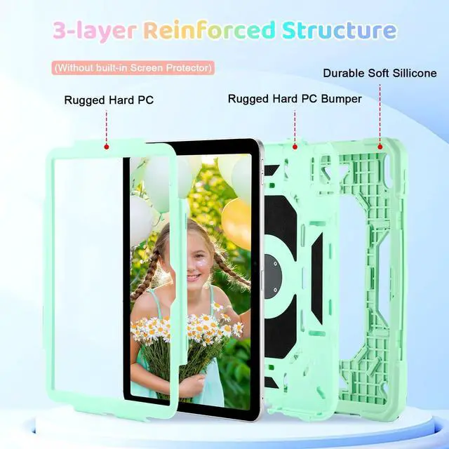 Alt view image 3 of 5 - Case for iPad (A16) 2025 11th Gen 10.9'', iPad 10th Generation 2022 10.9'', with Tempered Glass Screen Protector, Rugged Kid Case with Shoulder Strap/Pencil Holder/Folding Stand (Mint Green)