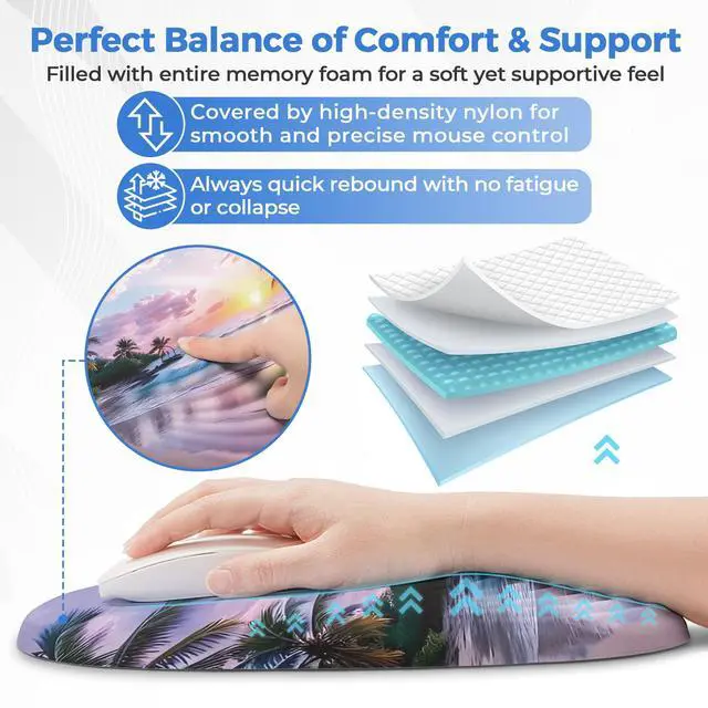 Alt view image 3 of 5 - ORIENWEEDA Ergonomic Mouse Pad with Wrist Support, Comfortable Entire Memory Foam, Wrist Pain Relief and Anti-Slip PU Base, Mousepad for Various Computers, Laptop PC (12x8x1.2inch, Sunset Beach)