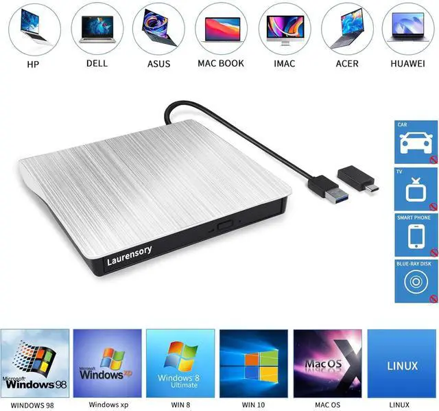 Alt view image 2 of 5 - Laurensory External DVD Drive USB 3.0 Type-C USB Portable Player for Laptop CD DVD +/-RW Disk Drive CD ROM Burner Writer CD/DVD Burner Compatible with Desktop Windows Linux OS Apple MacBook, Silver