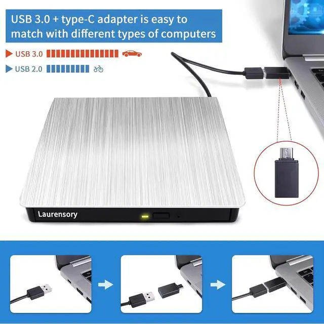 Alt view image 3 of 5 - Laurensory External DVD Drive USB 3.0 Type-C USB Portable Player for Laptop CD DVD +/-RW Disk Drive CD ROM Burner Writer CD/DVD Burner Compatible with Desktop Windows Linux OS Apple MacBook, Silver