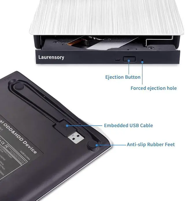 Alt view image 4 of 5 - Laurensory External DVD Drive USB 3.0 Type-C USB Portable Player for Laptop CD DVD +/-RW Disk Drive CD ROM Burner Writer CD/DVD Burner Compatible with Desktop Windows Linux OS Apple MacBook, Silver