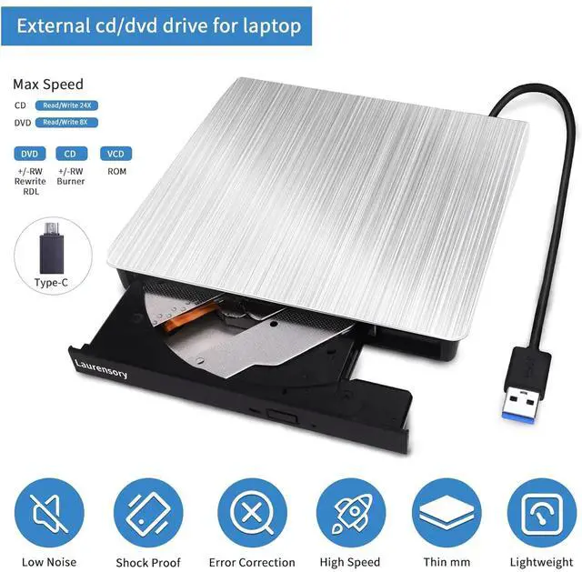 Alt view image 5 of 5 - Laurensory External DVD Drive USB 3.0 Type-C USB Portable Player for Laptop CD DVD +/-RW Disk Drive CD ROM Burner Writer CD/DVD Burner Compatible with Desktop Windows Linux OS Apple MacBook, Silver