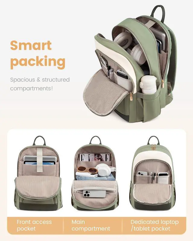 Alt view image 3 of 5 - LOVEVOOK Laptop Backpack for Women, 15.6 inch Waterproof College Backpack Woman with Laptop Compartment Computer Bag Travel Backpack Purse, Large Black Computer Daypack for Work Casual, Beige green