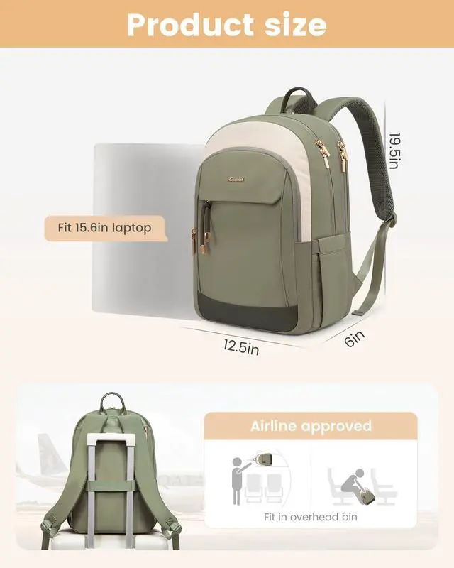Alt view image 4 of 5 - LOVEVOOK Laptop Backpack for Women, 15.6 inch Waterproof College Backpack Woman with Laptop Compartment Computer Bag Travel Backpack Purse, Large Black Computer Daypack for Work Casual, Beige green