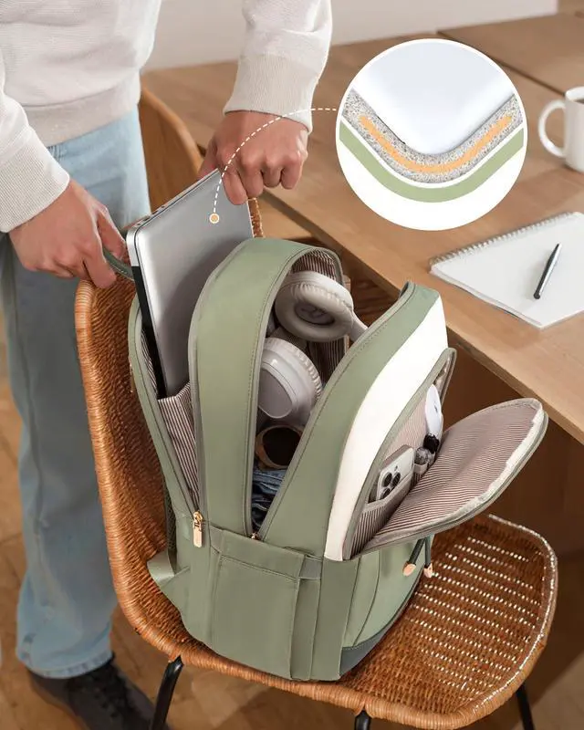 Alt view image 5 of 5 - LOVEVOOK Laptop Backpack for Women, 15.6 inch Waterproof College Backpack Woman with Laptop Compartment Computer Bag Travel Backpack Purse, Large Black Computer Daypack for Work Casual, Beige green