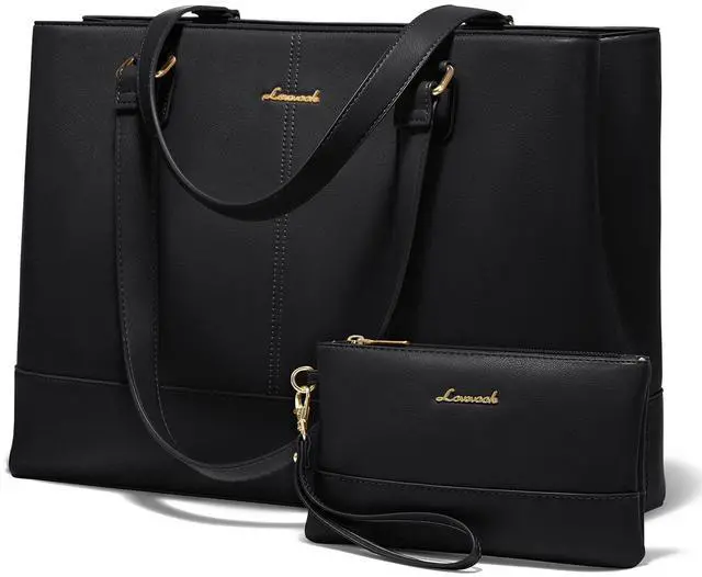 Main image of LOVEVOOK Laptop Tote Bag for Women 15.6 Inch Work Bag Leather Laptop Purse with Clutch, Large Computer Briefcase Bag for Office Business Teacher Black