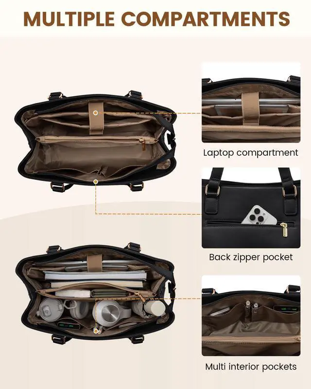Alt view image 4 of 5 - LOVEVOOK Laptop Tote Bag for Women 15.6 Inch Work Bag Leather Laptop Purse with Clutch, Large Computer Briefcase Bag for Office Business Teacher Black
