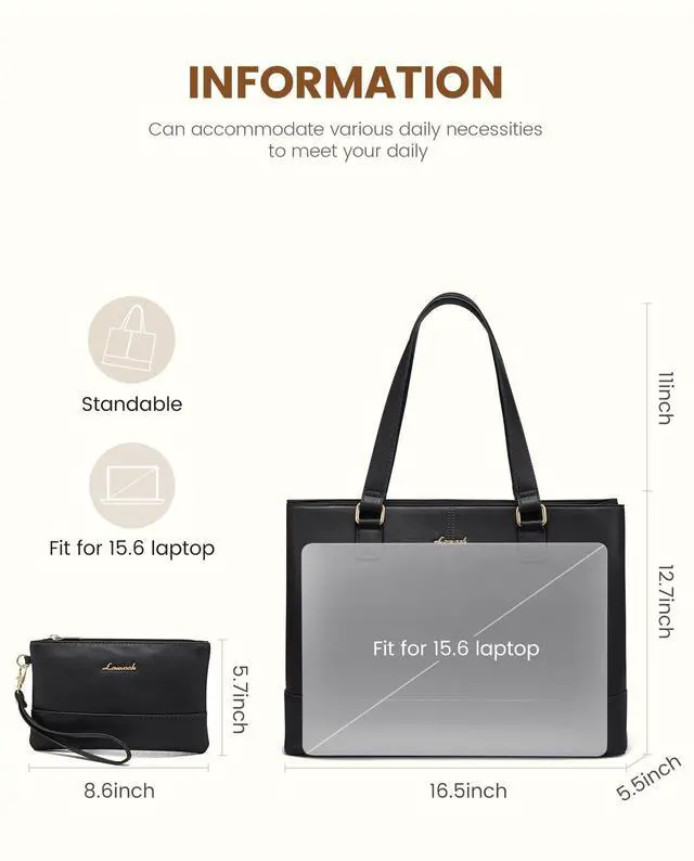 Alt view image 5 of 5 - LOVEVOOK Laptop Tote Bag for Women 15.6 Inch Work Bag Leather Laptop Purse with Clutch, Large Computer Briefcase Bag for Office Business Teacher Black