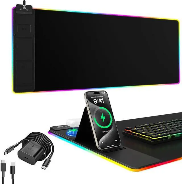 Main image of Mouse Pad with Phone Holder, Wireless Charging Desk Mat, RGB Gaming Mousepad Home Office Large Desk Pad with Ultra-Smooth Surface, Non-Slip Base, Waterproof Keyboard Pad,Black with 20W USB C Charger