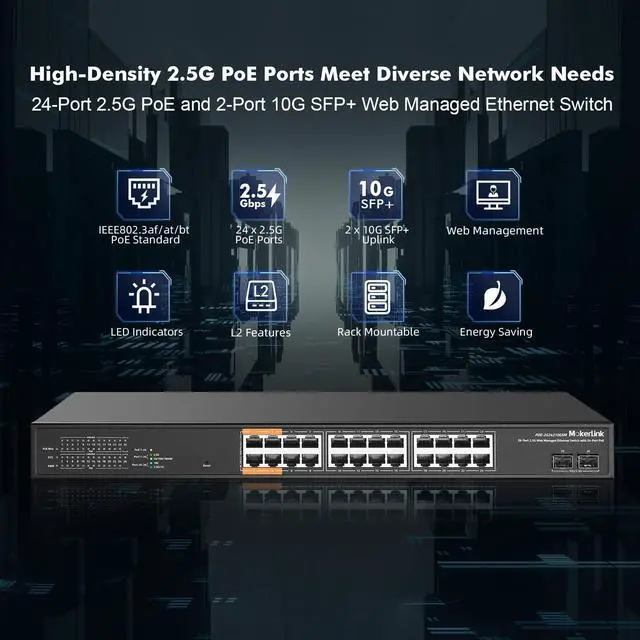 Alt view image 2 of 5 - MokerLink 24 Port 2.5 Gigabit PoE Web Managed Switch with 2x10G SFP, 24 Port PoE IEEE802.3af/at/bt, 513W, L2 Managed Rack Mount Network Switch