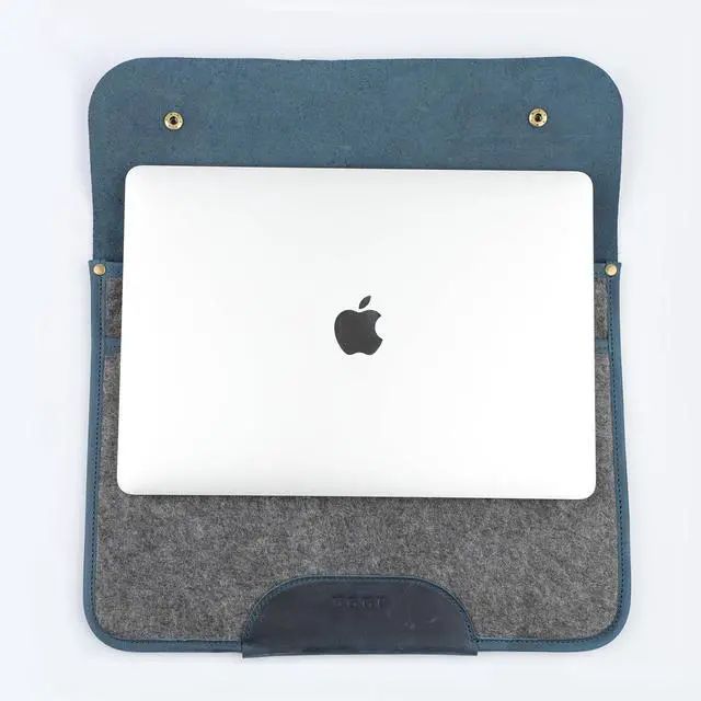 Alt view image 5 of 5 - NGGU Premium Felt & Leather Laptop Sleeve - Durable 13-16 Inch Case for MacBook, Tablet & Laptop - Stylish & Protective - Big & Blue