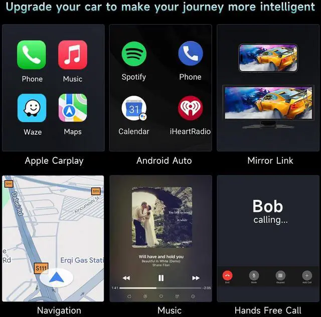 Alt view image 2 of 5 - Upgrade Wireless Carplay Screen for Car with 4K Dash Cam, 11.26'' Portable A-pple CarPlay & Android Auto Car Stereo Touchscreen with Backup Camera, Mirror Link/GPS Navigation/Bluetooth/Siri/FM