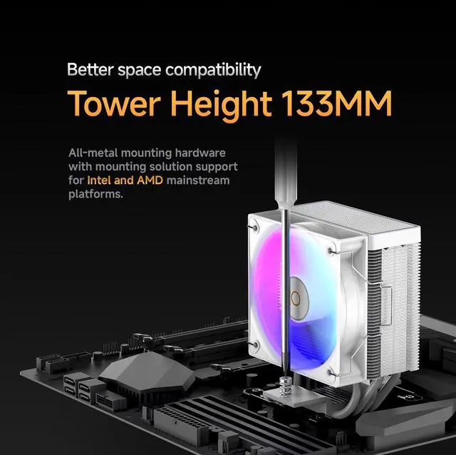 Alt view image 4 of 5 - Gamma A40 ARGB WH Compact CPU Cooler,100mm PWM Fan,133mm Height Single Tower Computer CPU Air Cooler,4 Copper Heat Pipes,ARGB Function,Fancy Top Cover,for Intel LGA 115X/1200/1700/1851&AMD AM4/AM5