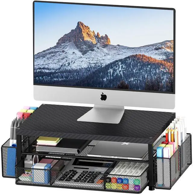 Main image of OPNICE Desk Organizer and Accessories, 2-Tier Computer Monitor Stand with Drawer and 2 Pen Holders, Office Desk Accessories for Office Supplies, Carbon Fiber