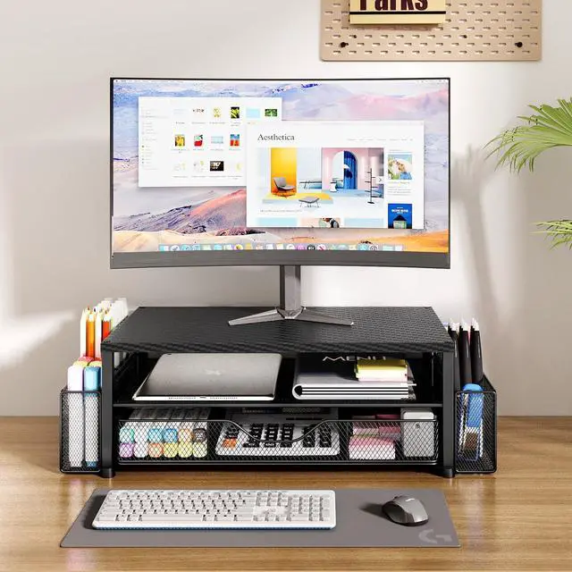 Alt view image 4 of 5 - OPNICE Desk Organizer and Accessories, 2-Tier Computer Monitor Stand with Drawer and 2 Pen Holders, Office Desk Accessories for Office Supplies, Carbon Fiber