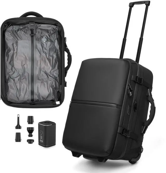 Main image of POIXM Rolling Vacuum Seal Backpack for Travel, with Hidden Pull Rod, Weight Handle, TSA Lock, Charging Port, fit 19" Laptop, Water Repellent, Carrry-on Luggage for Trip (Vacuum Pump Included)