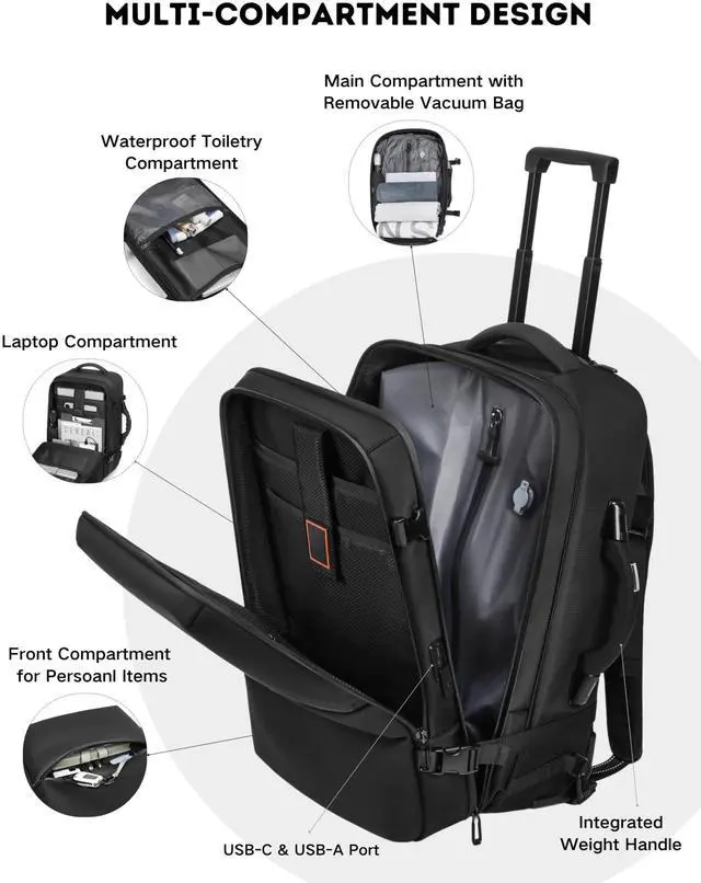 Alt view image 4 of 5 - POIXM Rolling Vacuum Seal Backpack for Travel, with Hidden Pull Rod, Weight Handle, TSA Lock, Charging Port, fit 19" Laptop, Water Repellent, Carrry-on Luggage for Trip (Vacuum Pump Included)
