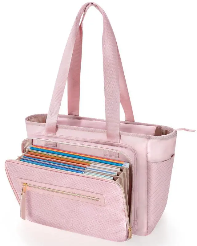 Main image of Prokva Teacher Tote Bag for Women, Teacher Work Bag 15.6 inch Laptop Bag with Accordion File Organizer, Pink