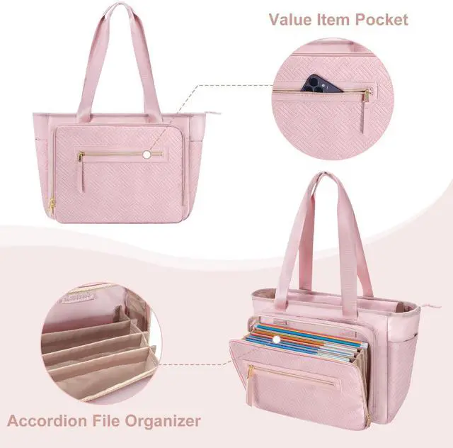 Alt view image 3 of 5 - Prokva Teacher Tote Bag for Women, Teacher Work Bag 15.6 inch Laptop Bag with Accordion File Organizer, Pink