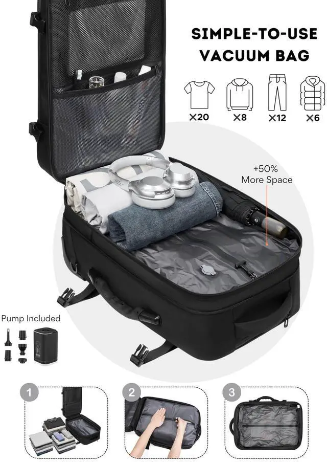 Alt view image 2 of 5 - POIXM Rolling Vacuum Seal Backpack for Travel, with Hidden Pull Rod, Weight Handle, TSA Lock, Charging Port, fit 19" Laptop, Water Repellent, Carrry-on Luggage for Trip (Vacuum Pump Included)