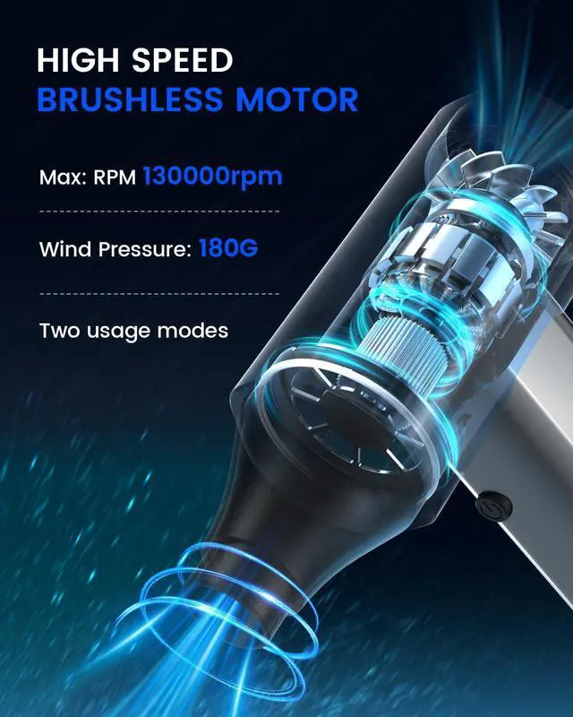 Alt view image 2 of 5 - Compress Air Duster, Electric Air Blower 130000RPM Jet Dry Mini Blower Rechargeable Brushless Motor 4 Gear Pc Cleaner Cordless Portable Air Blower for Computer, Keyboard, Outdoor, House, Pet and Car