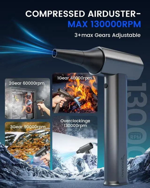 Alt view image 4 of 5 - Compress Air Duster, Electric Air Blower 130000RPM Jet Dry Mini Blower Rechargeable Brushless Motor 4 Gear Pc Cleaner Cordless Portable Air Blower for Computer, Keyboard, Outdoor, House, Pet and Car