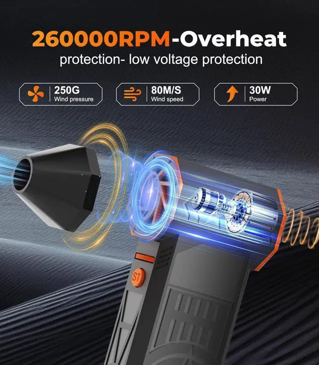 Alt view image 2 of 5 - Electric Air Duster-260000rpm Compressed Air Duster Supports Reverse Charging,Continuously Variable Speed Adjustment Dust Blower for Computer, Keyboard, House, Outdoor and Car