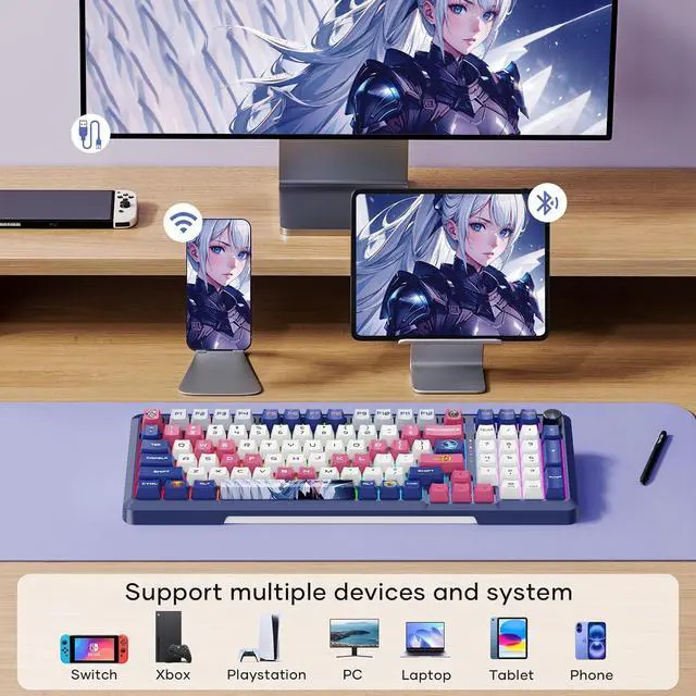 Alt view image 3 of 5 - Wireless Anime Mechanical Keyboard and Mouse, 98-Key RGB Spacer 2.4GHz/Wired/Bluetooth Keyboard, Lightweight Programmable 26K DPI Bluetooth Anime Gaming Mouse