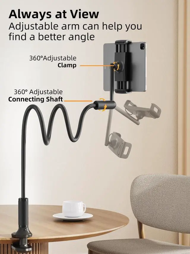 Alt view image 4 of 5 - SAIJI 47" Gooseneck Kindle Holder, Tablet Holder for Bed with Upgraded Base, iPad Stand with Flexible Lazy Arm, Compatible with iPad/iPhone/Kindle/Switch or Other 4.7-13" Device (Black)