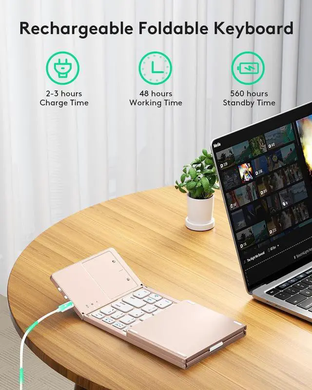 Alt view image 3 of 5 - Samsers Foldable Bluetooth Keyboard with Touchpad - Portable Wireless Keyboard with Holder, Rechargeable Full Size Ultra Slim Pocket Folding Keyboards for Android Windows iOS Tablet & Laptop - Pink