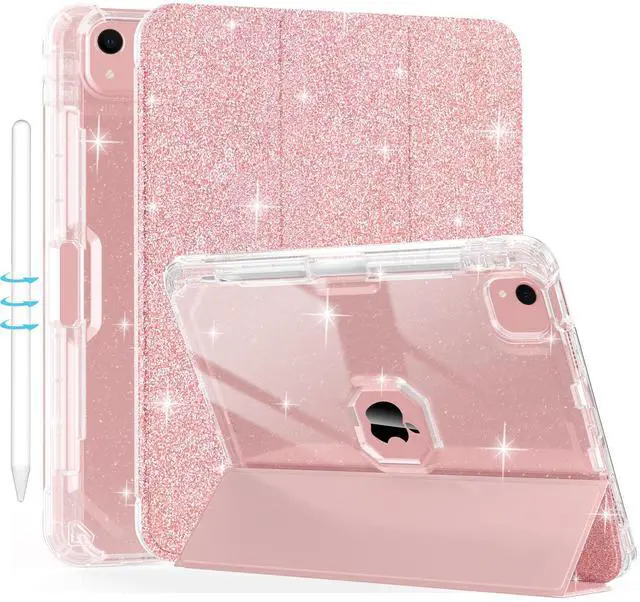 Main image of iPad Air 11 Inch Case 2024, iPad Air 5th/4th Gen Case 2022/2020 10.9 Inch with Pencil Holder, Auto Wake/Sleep, Sparkly Glitter Trifold Stand Leather Cover with Shiny Clear TPU Back, Rose Gold