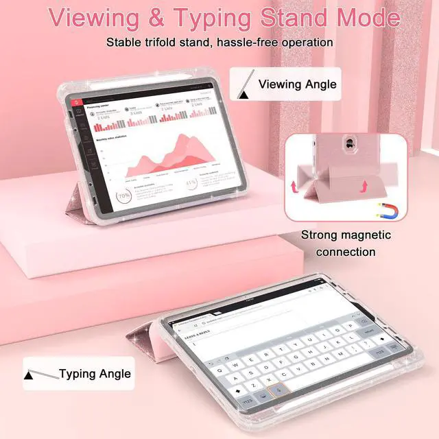 Alt view image 3 of 5 - iPad Air 11 Inch Case 2024, iPad Air 5th/4th Gen Case 2022/2020 10.9 Inch with Pencil Holder, Auto Wake/Sleep, Sparkly Glitter Trifold Stand Leather Cover with Shiny Clear TPU Back, Rose Gold