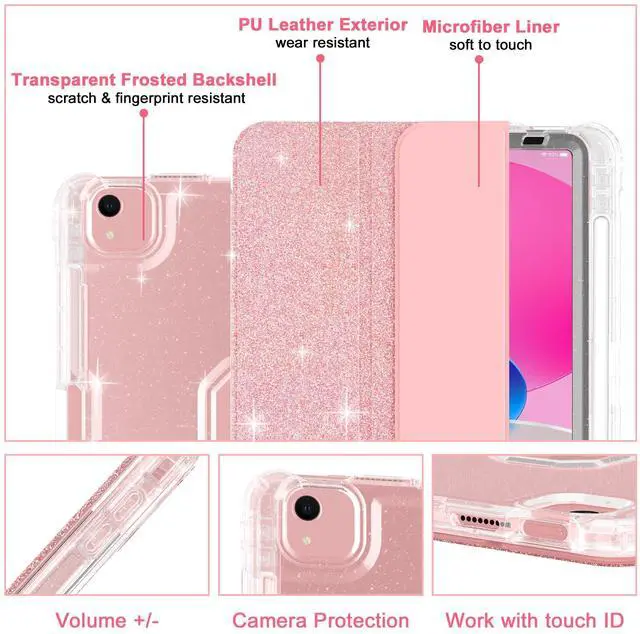 Alt view image 5 of 5 - iPad Air 11 Inch Case 2024, iPad Air 5th/4th Gen Case 2022/2020 10.9 Inch with Pencil Holder, Auto Wake/Sleep, Sparkly Glitter Trifold Stand Leather Cover with Shiny Clear TPU Back, Rose Gold