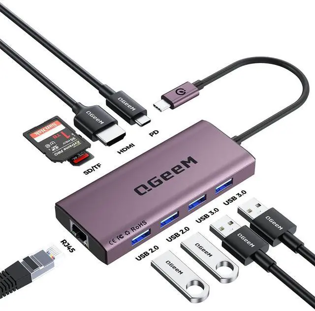 Main image of QGeeM USB C Hub Ethernet,9 in 1 USB Type C Hub HDMI Multi-Port Converter Adapter,100W Pd, USB 3.0,SD/TF Card Reader,Compatible for MacBook Pro Air Ipad HP Dell Lenovo Chromebook etc.-Violet
